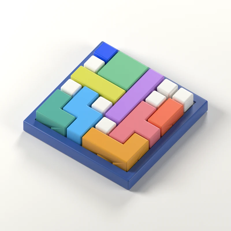 A completed Nookroll puzzle with nine colourful pieces and seven white blocks in a blue board.