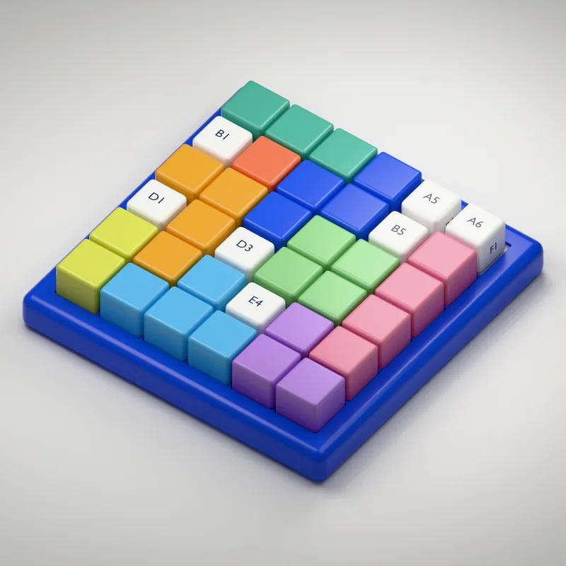 A completed Nookroll puzzle with colourful block pieces and seven white dice in a cobalt-blue board.